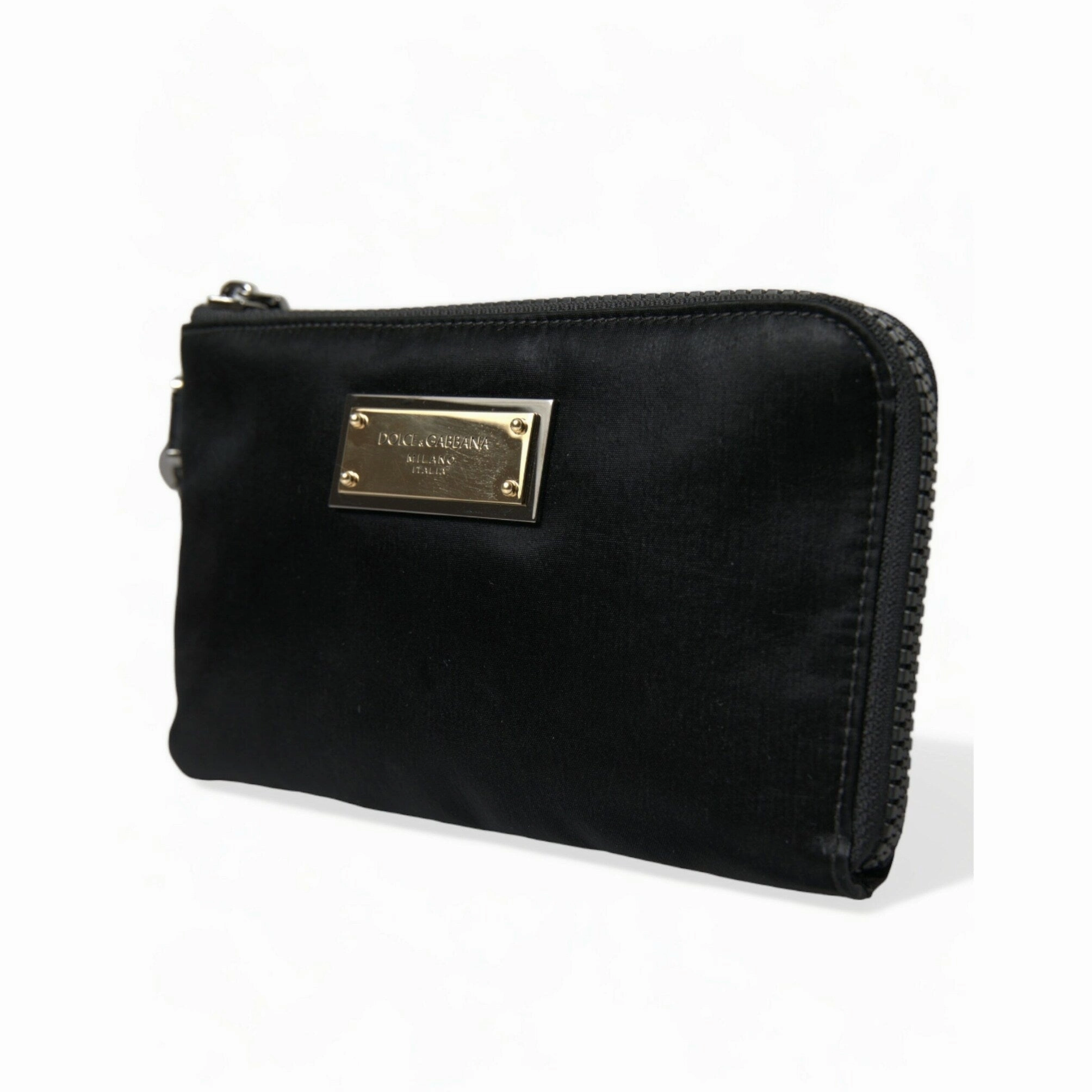 Dolce & Gabbana Elegant Black Nylon Leather Pouch with Silver Women's Details