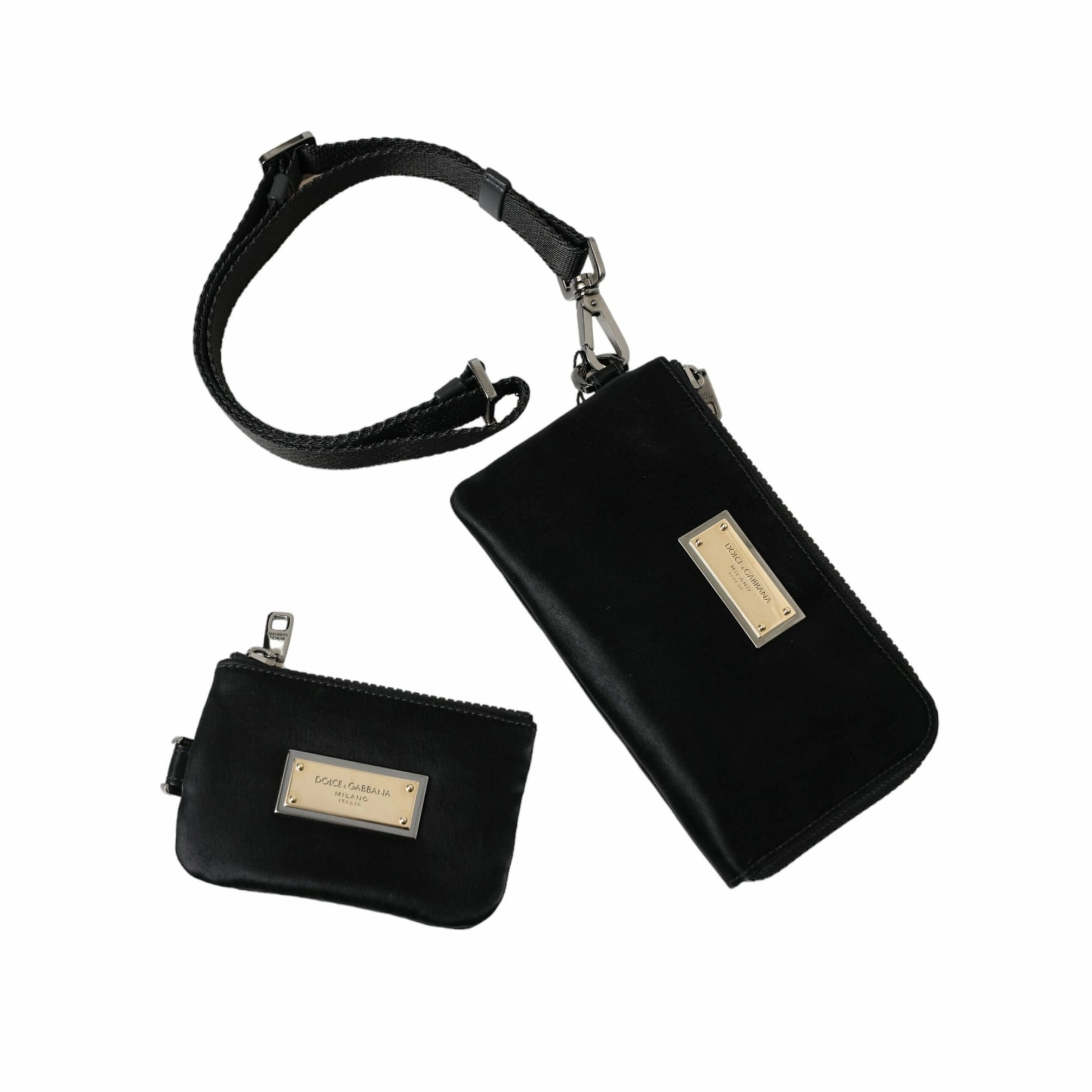 Dolce & Gabbana Elegant Black Nylon Leather Pouch with Silver Women's Details