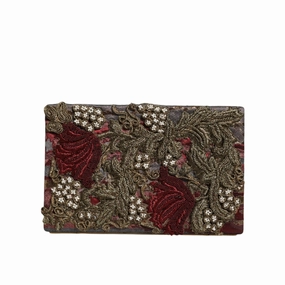 Dolce & Gabbana Maroon Gold Floral Jacquard Gold Frame Clutch Evening Purse Women's Bag
