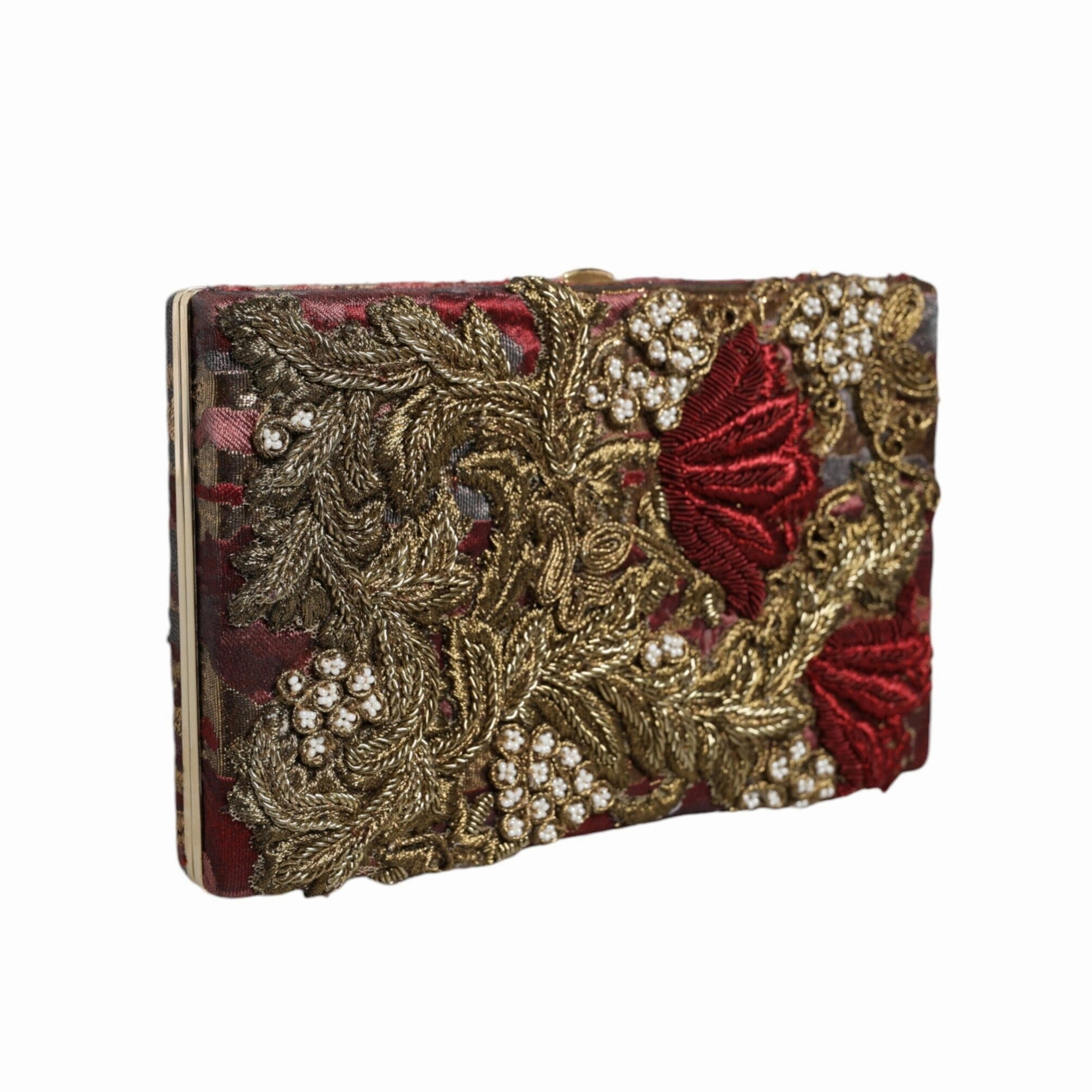 Dolce & Gabbana Maroon Gold Floral Jacquard Gold Frame Clutch Evening Purse Women's Bag