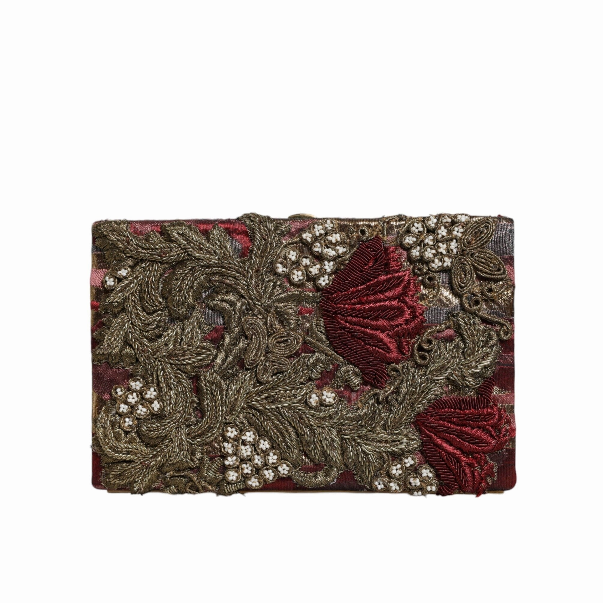 Dolce & Gabbana Maroon Gold Floral Jacquard Gold Frame Clutch Evening Purse Women's Bag