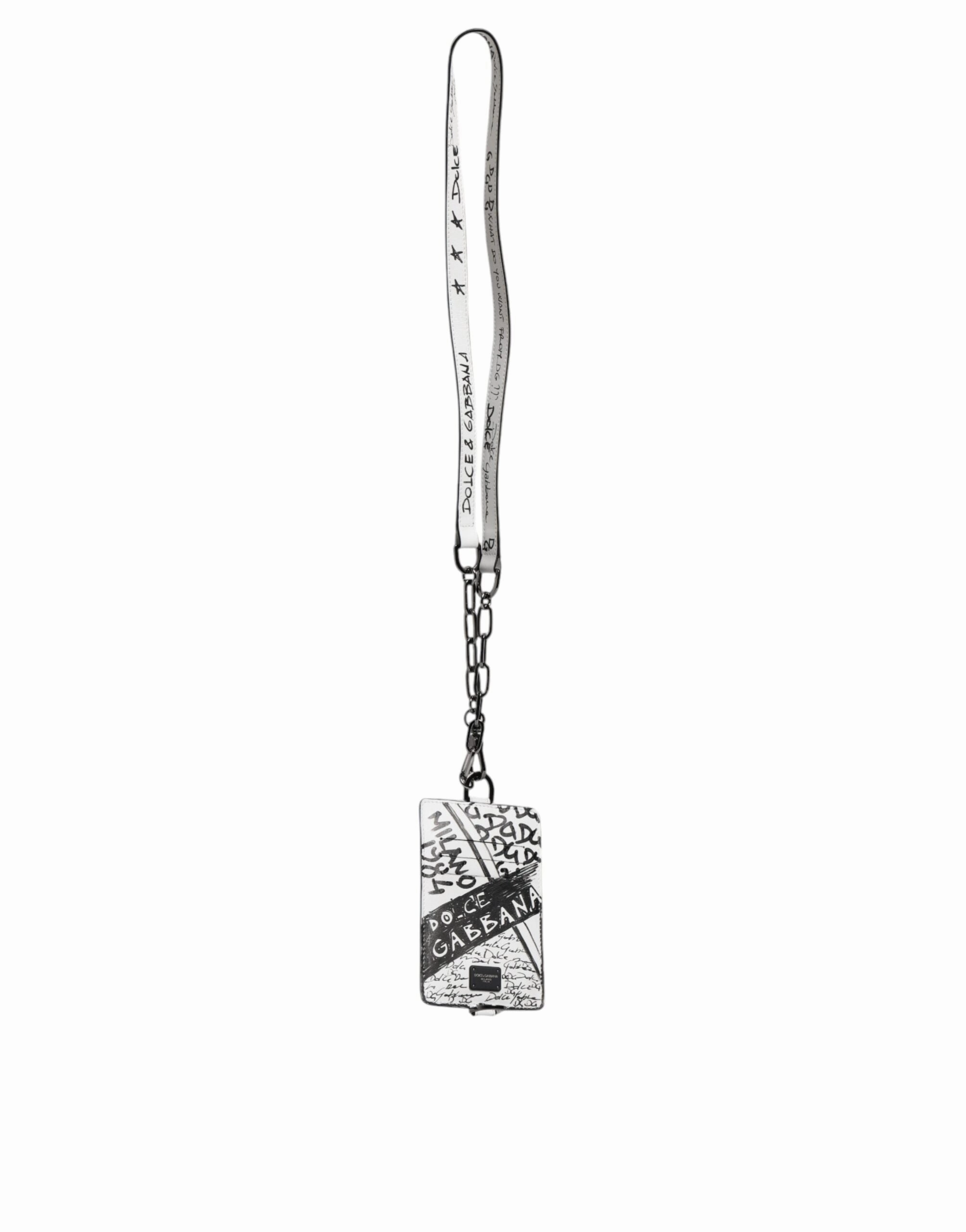 Dolce & Gabbana White Leather Lanyard Graffiti Print Card Holder Wallet