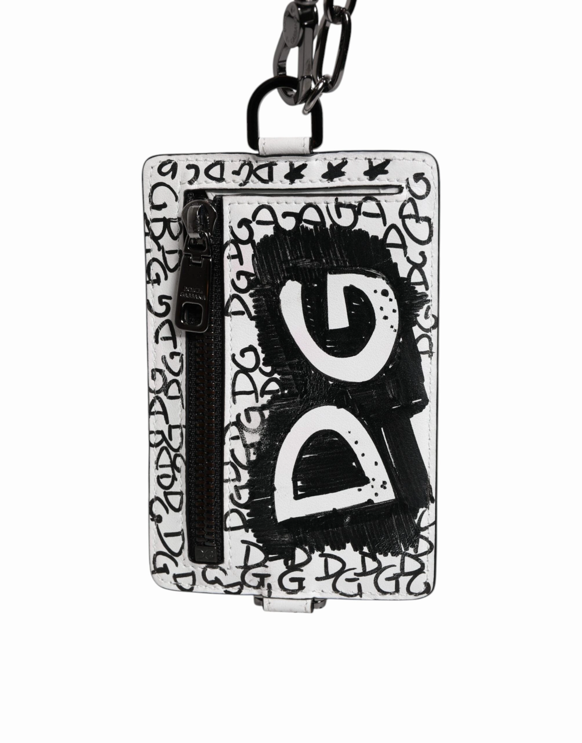 Dolce & Gabbana White Leather Lanyard Graffiti Print Card Holder Wallet