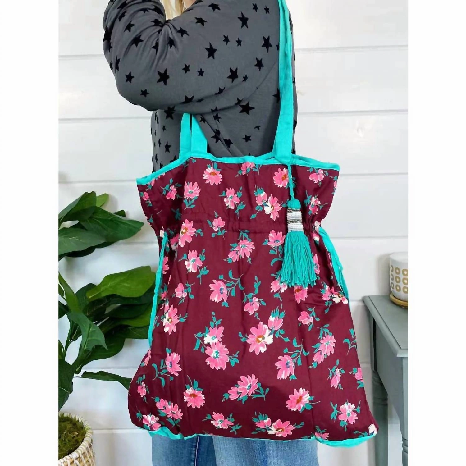 Drawstring Cotton Market Tote Bag In Floral