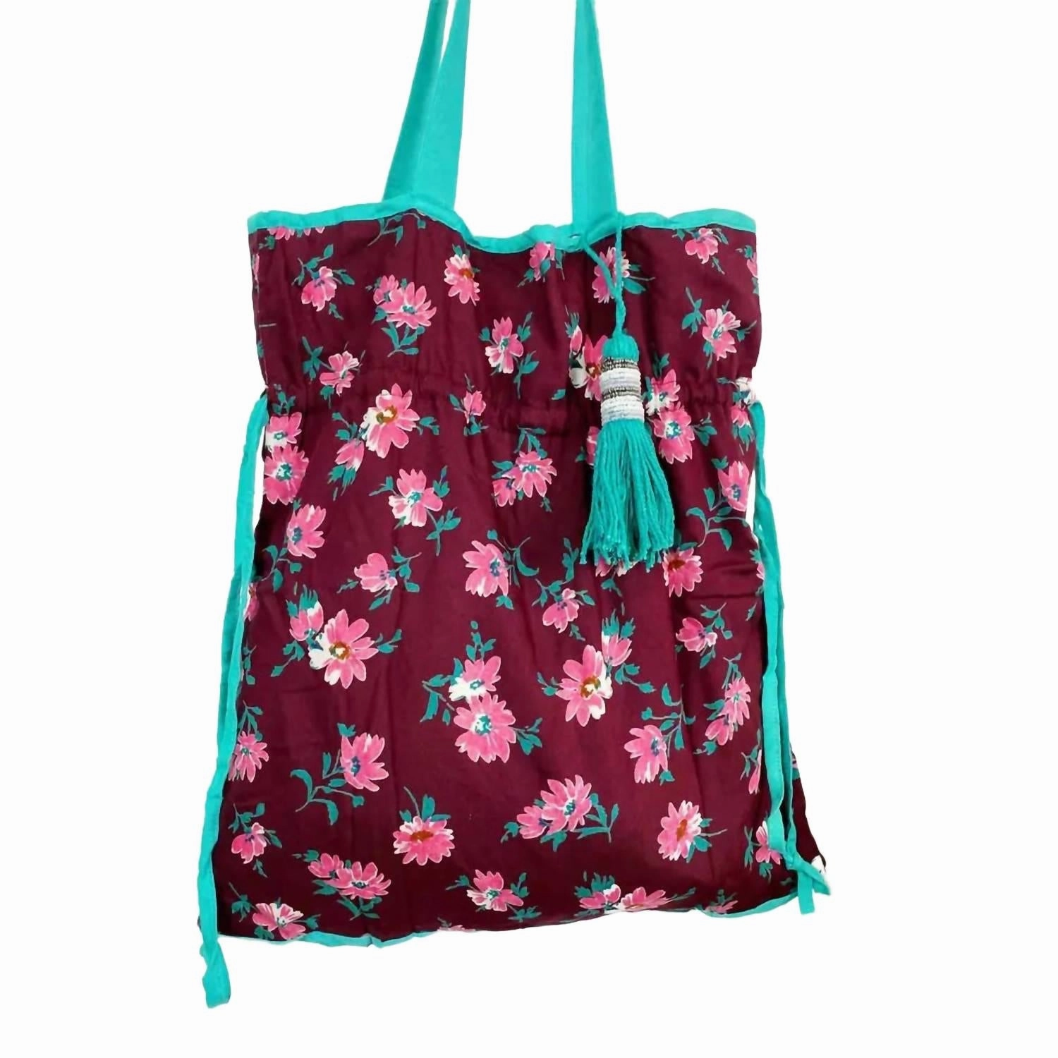 Drawstring Cotton Market Tote Bag In Floral
