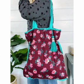 Drawstring Cotton Market Tote Bag In Floral