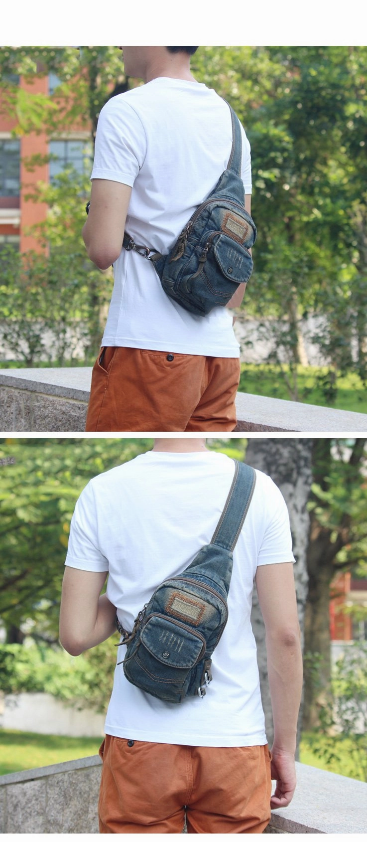 Fashion Jean Blue Mens Sling Bag Chest Bags Denim Sling Pack One Shoulder Backpacks For Men