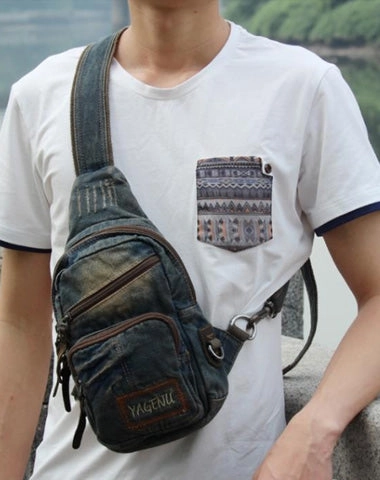 Fashion Jean Blue Mens Sling Bag Chest Bags Denim Sling Pack One Shoulder Backpacks For Men