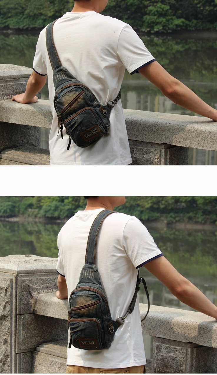 Fashion Jean Blue Mens Sling Bag Chest Bags Denim Sling Pack One Shoulder Backpacks For Men