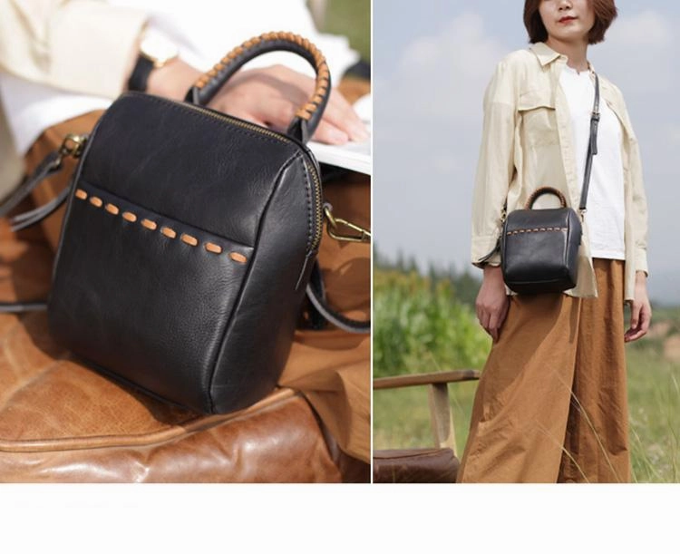 Fashion Small Womens Black Leather Bucket Shoulder Bag With Zipper Handbag CrossBody Bucket Bag