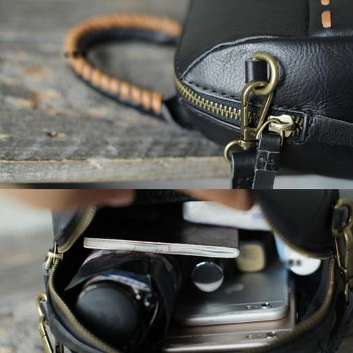 Fashion Small Womens Black Leather Bucket Shoulder Bag With Zipper Handbag CrossBody Bucket Bag