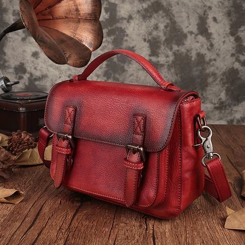 Fashion Womens Brown Leather Satchel Handbag Small Red Satchel Bag Crossbody Bags for Ladies