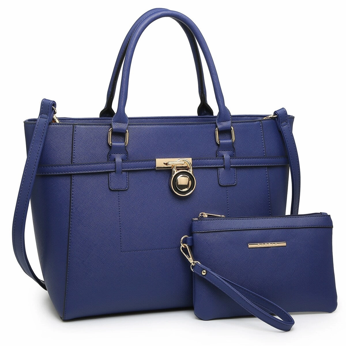 Faux Leather Satchel Handbag With Padlock Deco And Matching Wristlet 13In