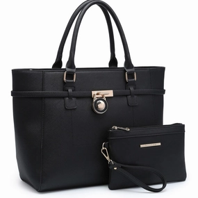 Faux Leather Satchel Handbag With Padlock Deco And Matching Wristlet 13In