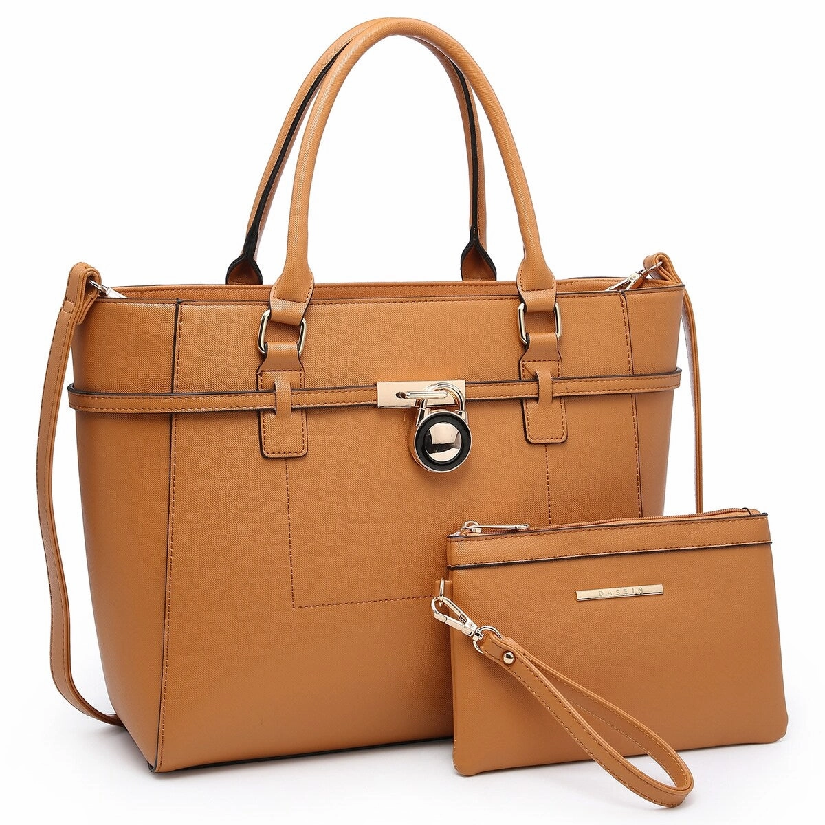 Faux Leather Satchel Handbag With Padlock Deco And Matching Wristlet 13In