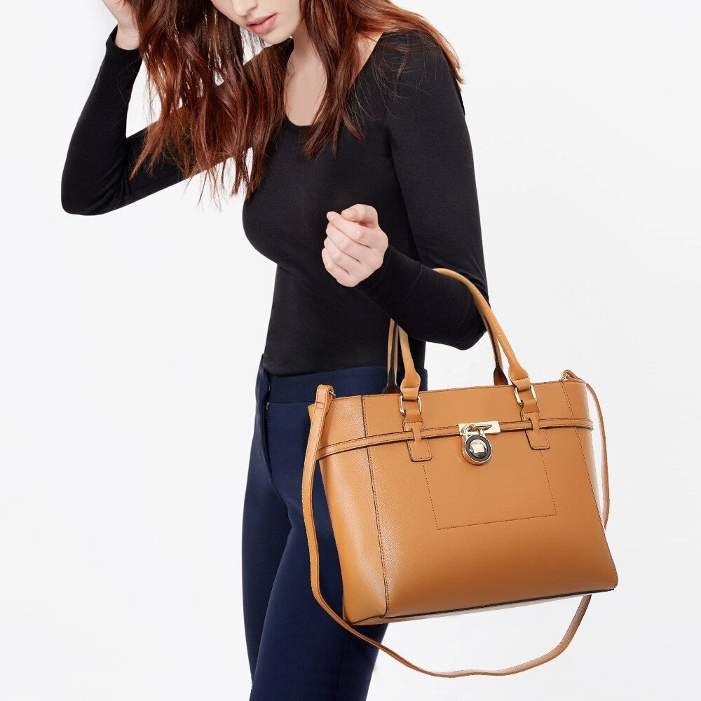 Faux Leather Satchel Handbag With Padlock Deco And Matching Wristlet 13In