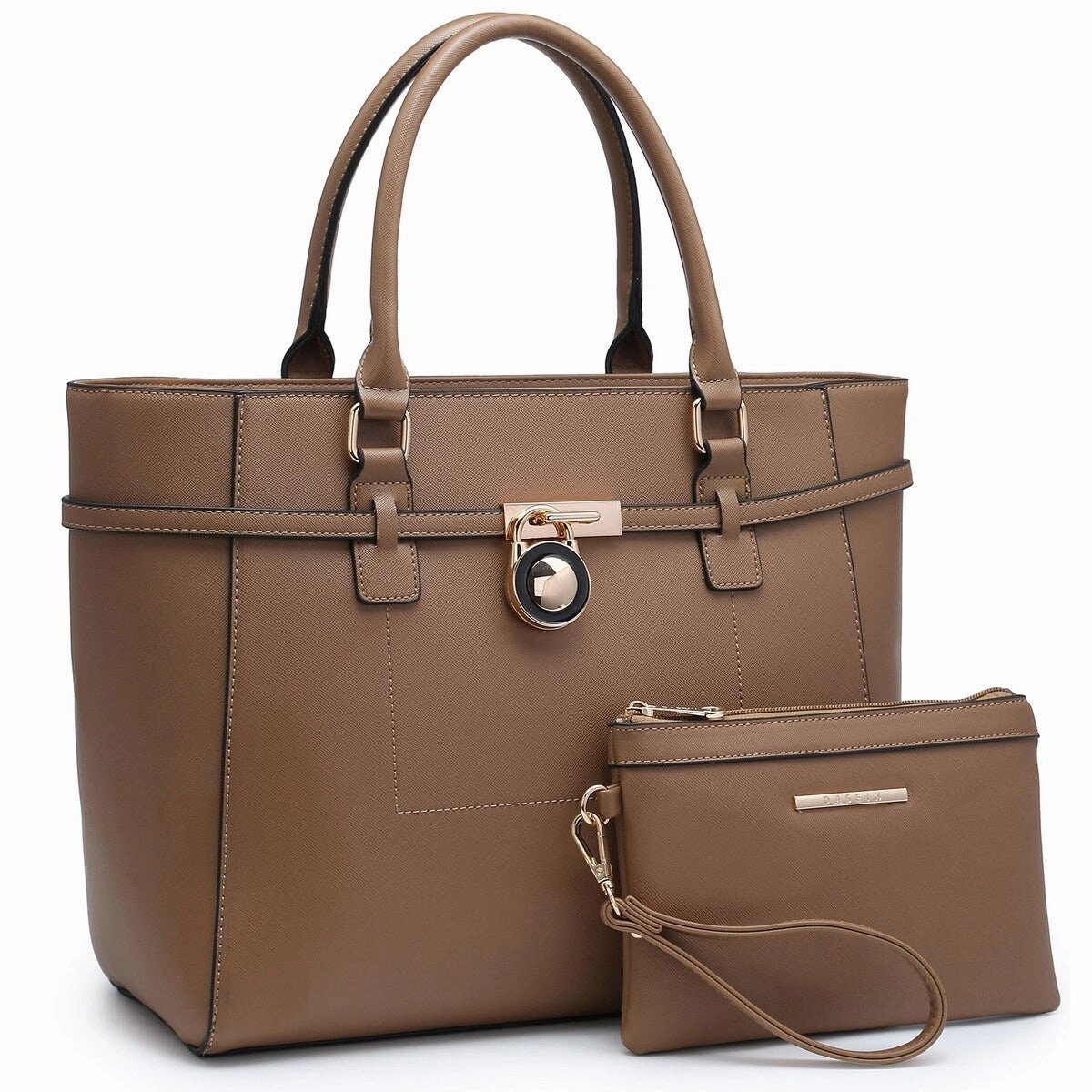 Faux Leather Satchel Handbag With Padlock Deco And Matching Wristlet 13In