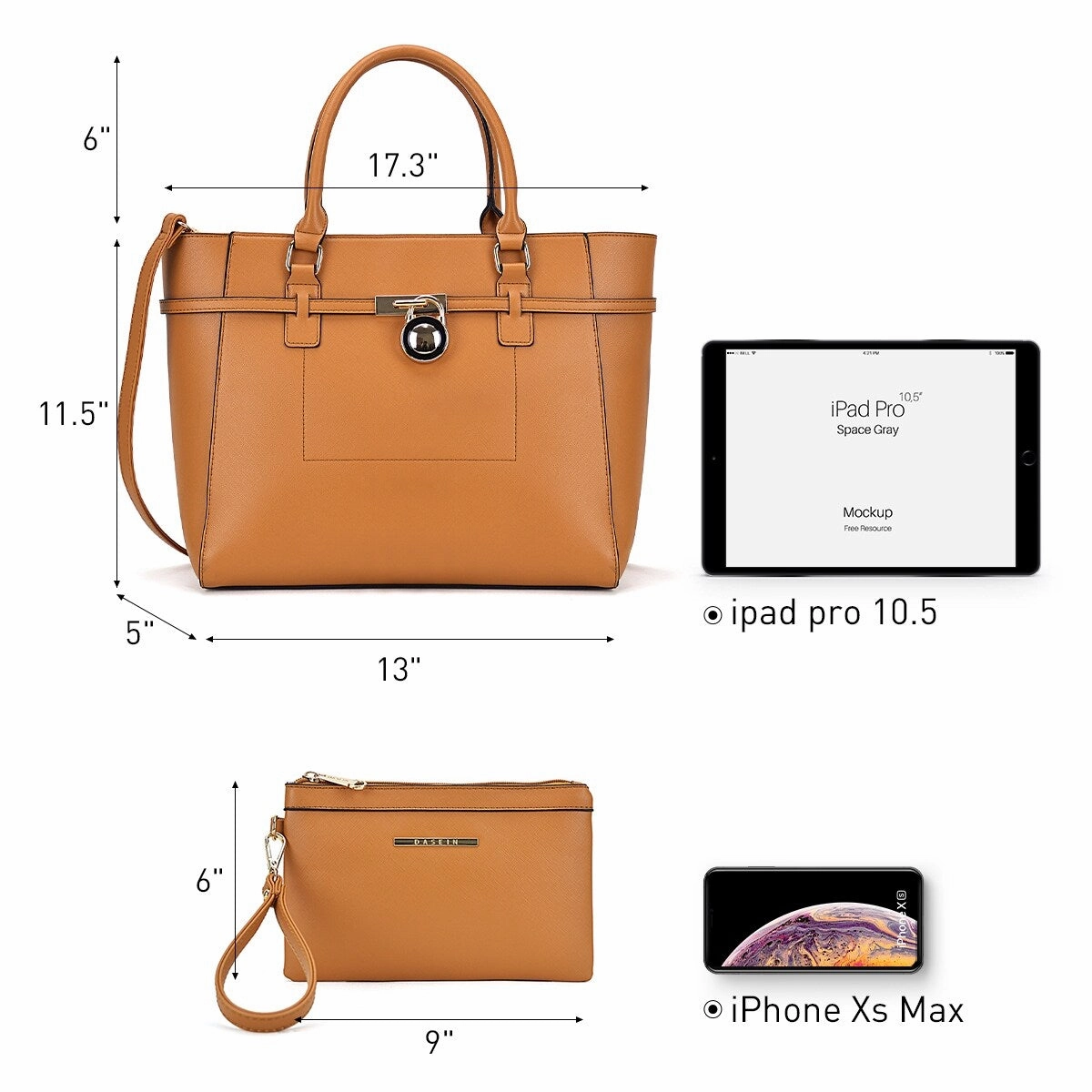 Faux Leather Satchel Handbag With Padlock Deco And Matching Wristlet 13In