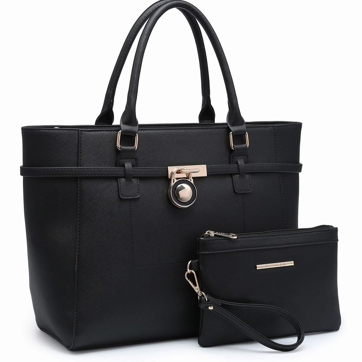 Faux Leather Satchel Handbag With Padlock Deco And Matching Wristlet 13In