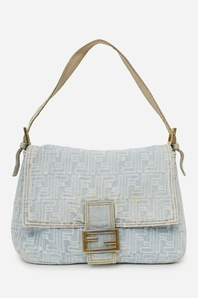 Fendi Blue Denim Zucca Mama Forever Baguette Bag with Bag Insert 'As Is'