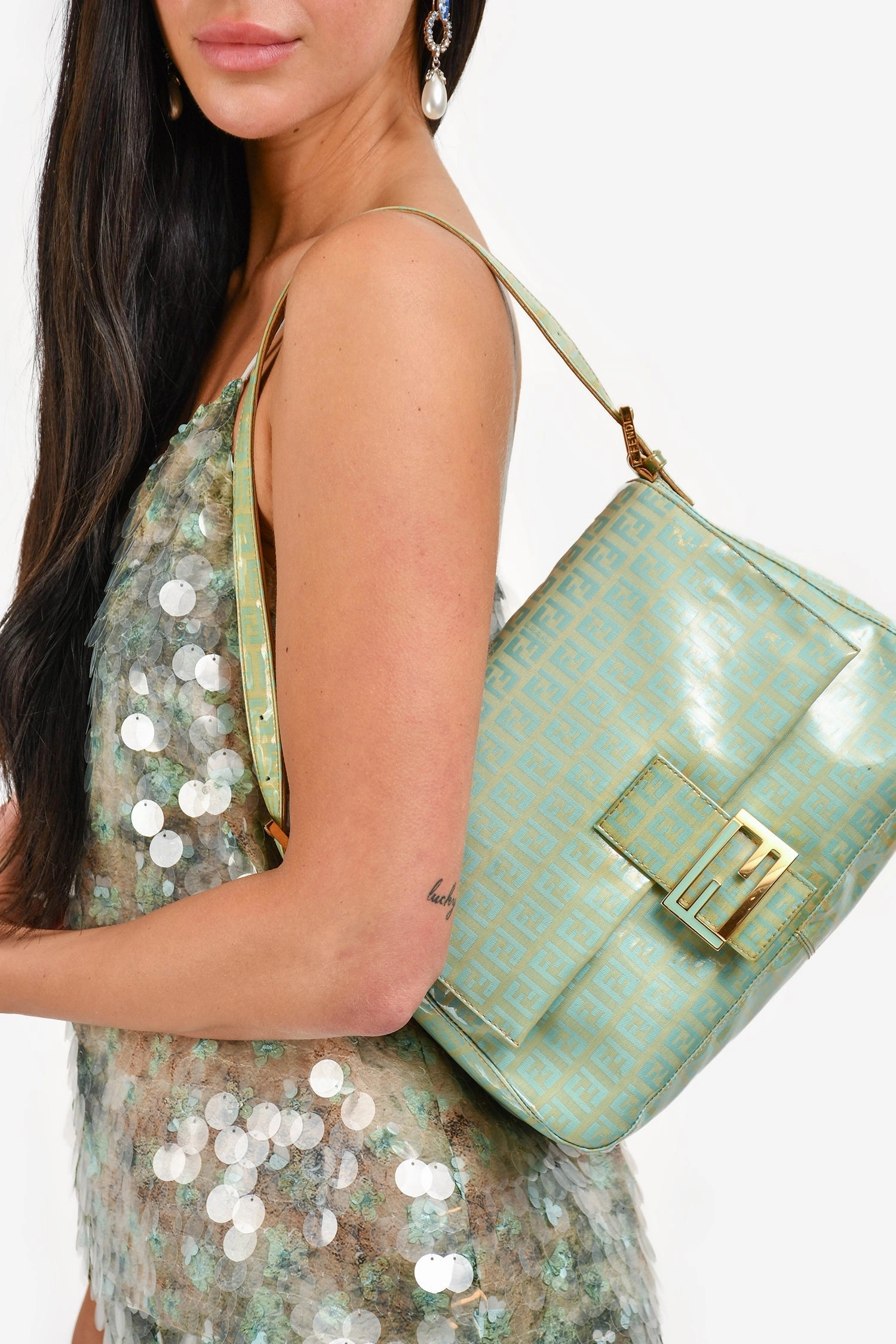 Fendi Green Vinyl Coated Zucca Print Mama Baguette (As Is)
