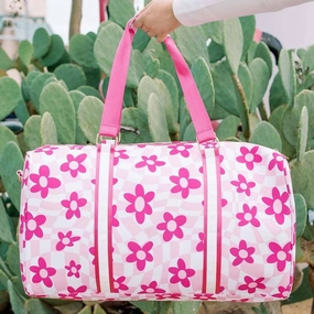 Flower Checkered Travel Weekender Duffle Bag In Light Pink