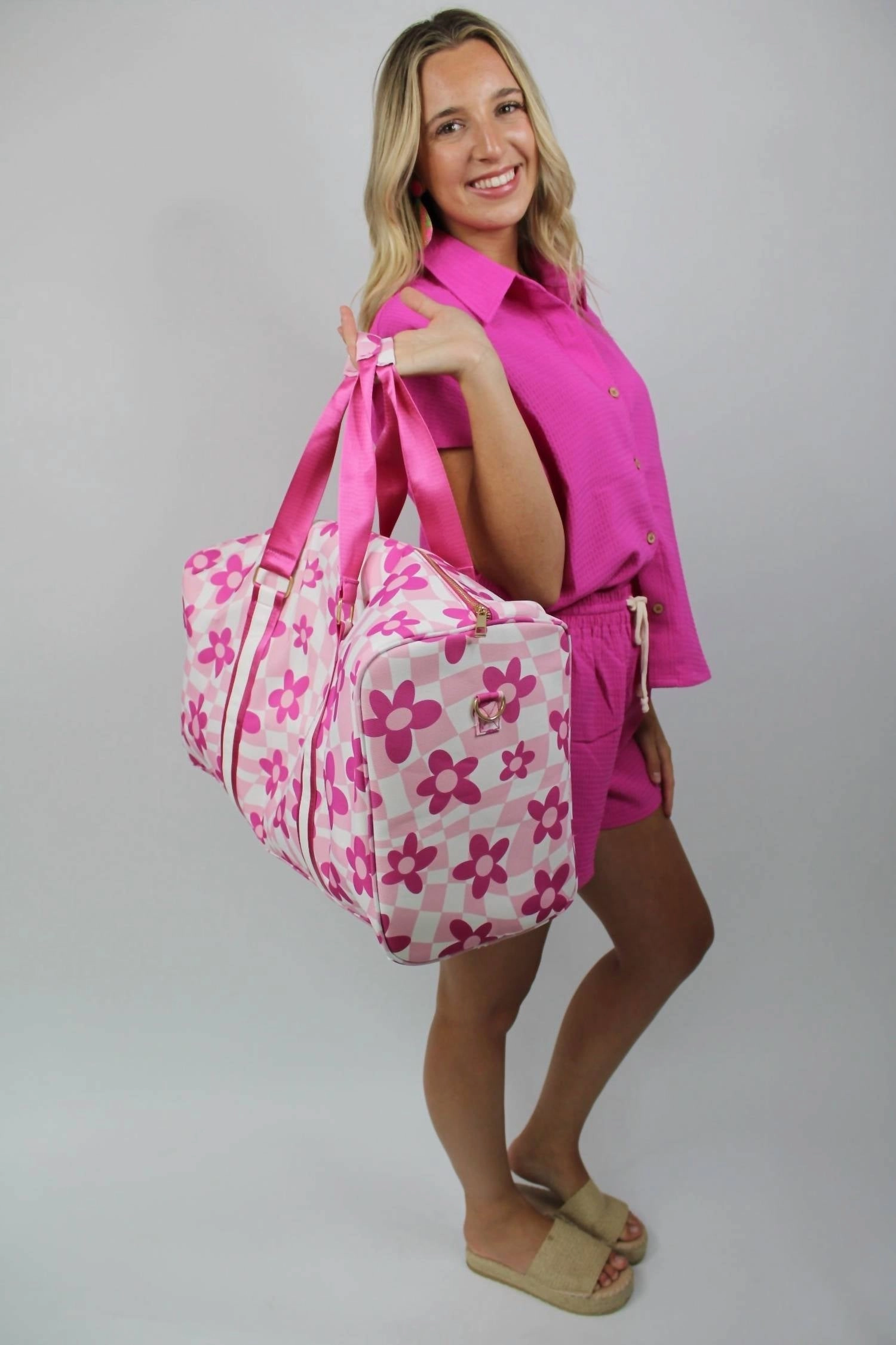 Flower Checkered Travel Weekender Duffle Bag In Light Pink