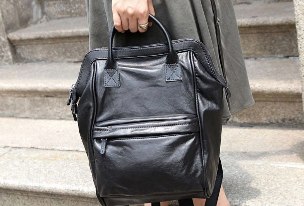 Genuine handmade Handbag Leather backpack bag shoulder bag black women leather purse
