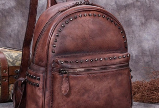 Genuine handmade Leather backpack bag rivet shoulder bag black mens women leather purse