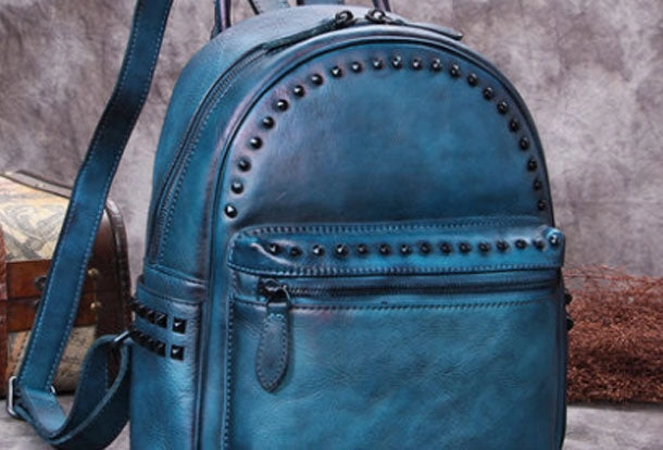 Genuine handmade Leather backpack bag rivet shoulder bag black mens women leather purse