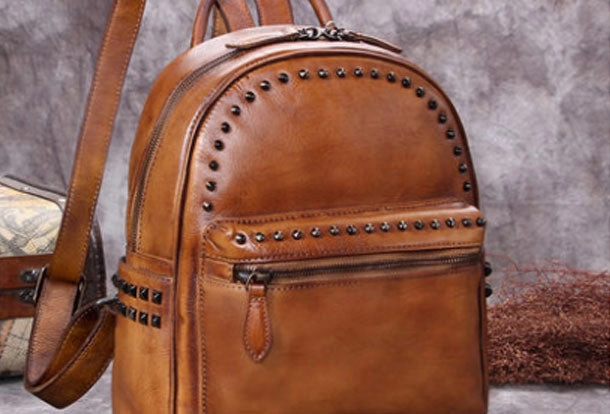 Genuine handmade Leather backpack bag rivet shoulder bag black mens women leather purse