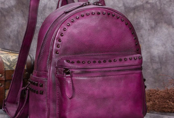 Genuine handmade Leather backpack bag rivet shoulder bag black mens women leather purse