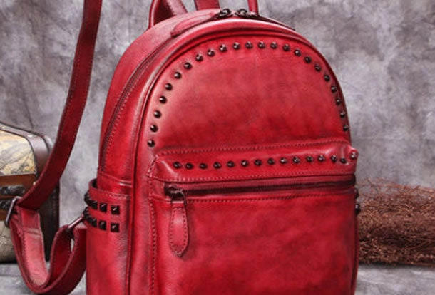 Genuine handmade Leather backpack bag rivet shoulder bag black mens women leather purse