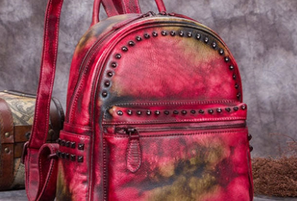 Genuine handmade Leather backpack bag rivet shoulder bag black mens women leather purse