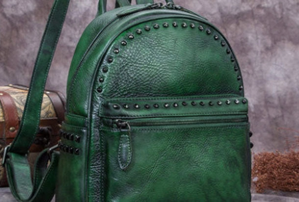 Genuine handmade Leather backpack bag rivet shoulder bag black mens women leather purse