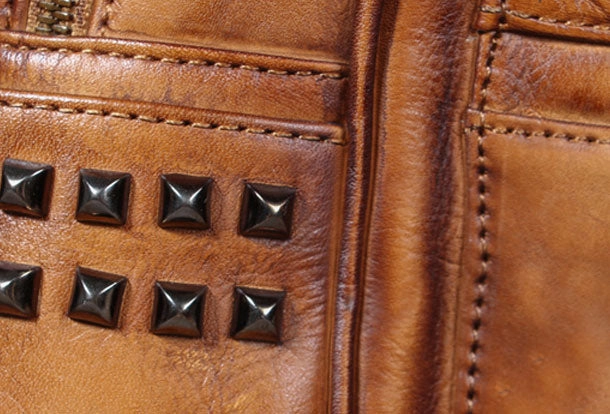 Genuine handmade Leather backpack bag rivet shoulder bag black mens women leather purse