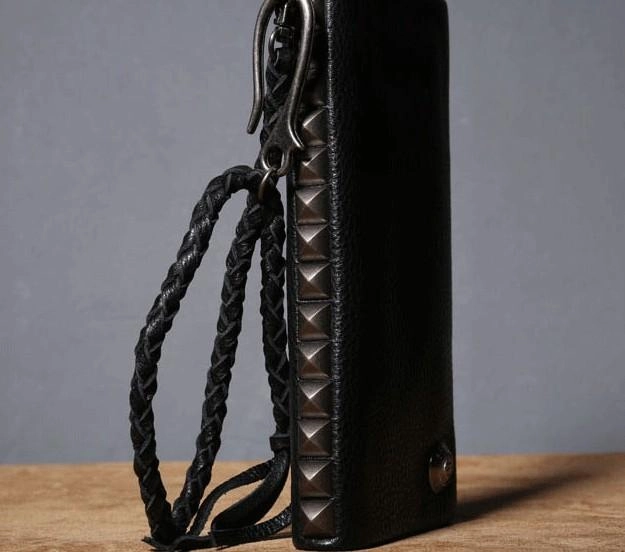 Genuine Leather Mens Cool Biker Chain Wallet Long Leather Wallet Clutch Wristlet Wallet for Men