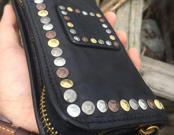 Genuine Leather Mens Cool Long Leather Wallet Biker Wallet Zipper Clutch Wallet for Men