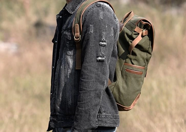 Green Canvas Mens Cool Backpack Large Travel Backpack Canvas Hiking Backpack for Men