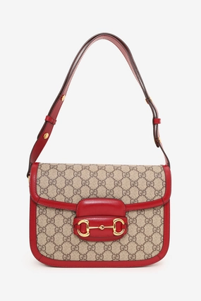 Gucci Beige/Red GG Monogram Horsebit 1955 Small Shoulder Bag