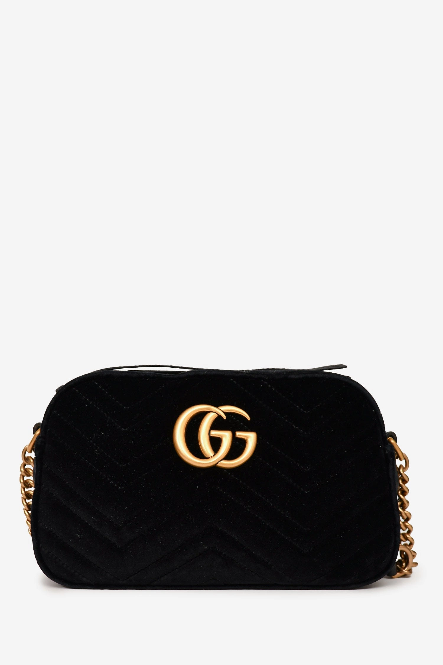 Gucci Black Velvet Chevron Quilted GG Marmont Camera Crossbody Bag