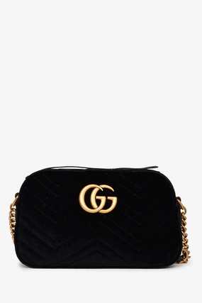 Gucci Black Velvet Chevron Quilted GG Marmont Camera Crossbody Bag