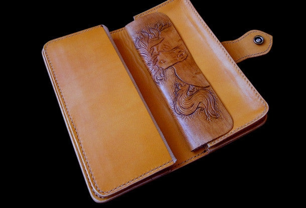 Handcraft vintage hand painting galloping horse leather long wallet for men(trifold)