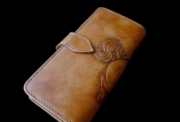 Handcraft vintage hand painting galloping horse leather long wallet for men(trifold)