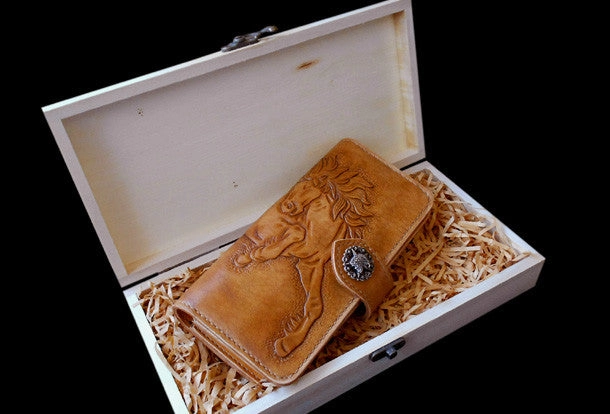 Handcraft vintage hand painting galloping horse leather long wallet for men(trifold)