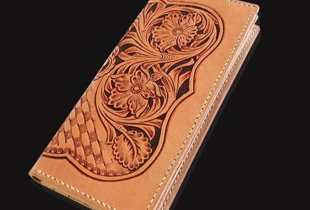 Handmade beige leather floral carved biker wallet Long wallet clutch for men