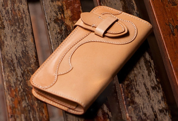 Handmade beige leather men biker wallet Long wallet with multi cards clutch for men