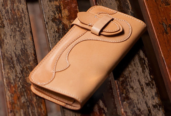 Handmade beige leather men biker wallet Long wallet with multi cards clutch for men