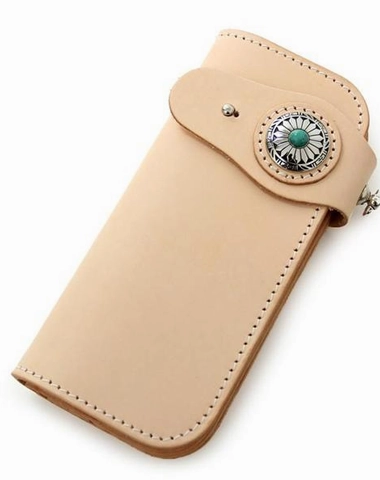 Handmade Beige Long Biker Wallets with Chain Cool Mens Leather Biker Chain Wallet