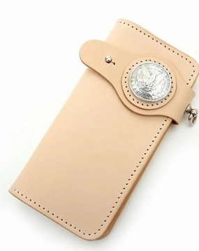 Handmade Beige Long Biker Wallets with Chain Cool Mens Leather Biker Chain Wallets